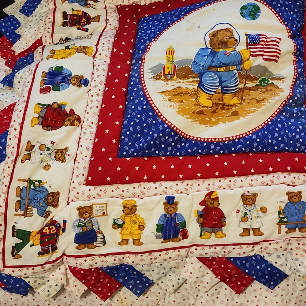 Vintage Cottage Core‎ Bear Baby Quilt 41x60 Red, Blue Handmade